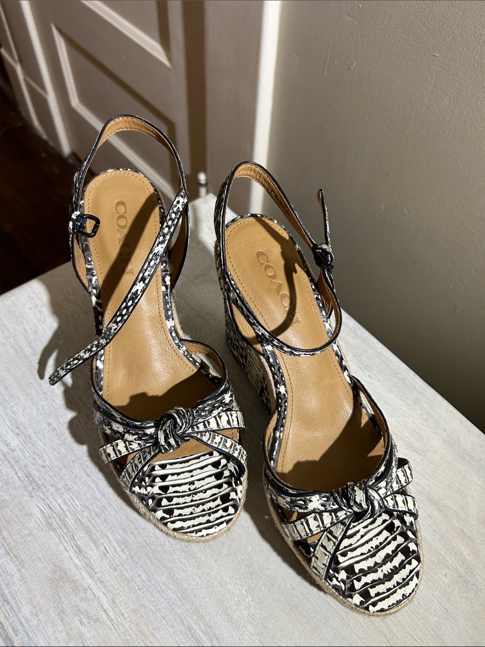 COACH Black and White snake skin Wedge Sandals size 9.5